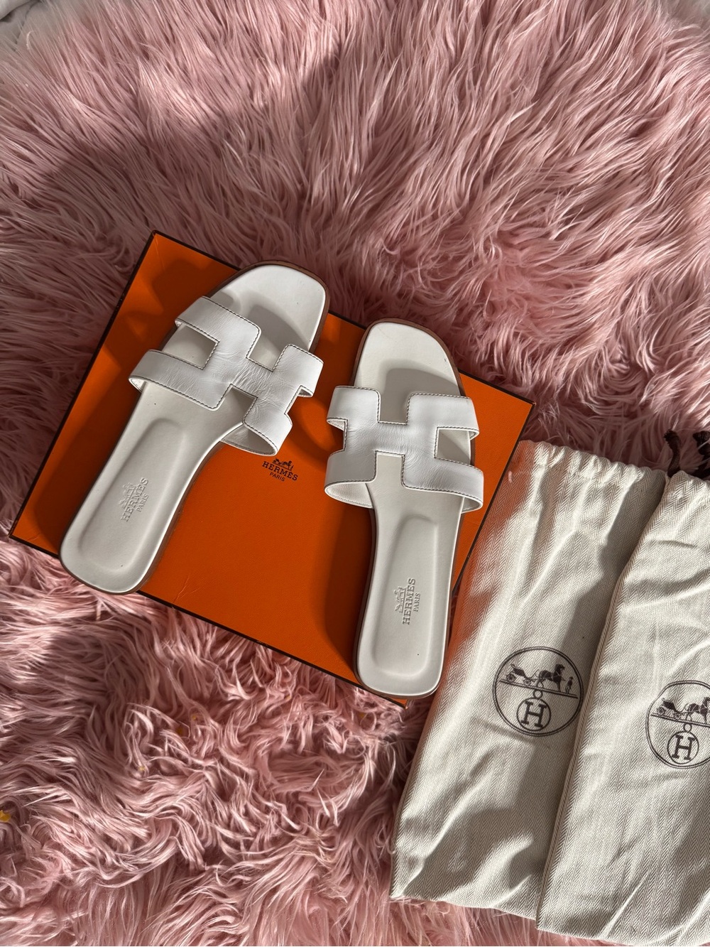 Hermes White Leather Oran Slide Sandals